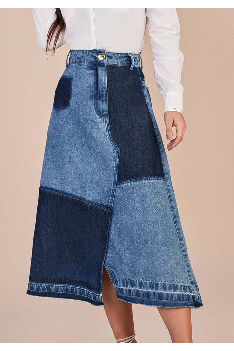saia evase jeans recortes e barra desfeita titanium baixo