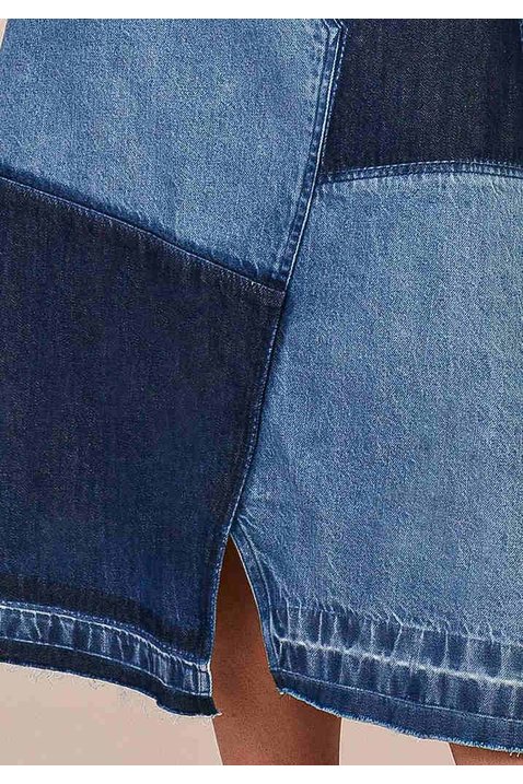 saia evase jeans recortes e barra desfeita titanium baixo detalhe zoom
