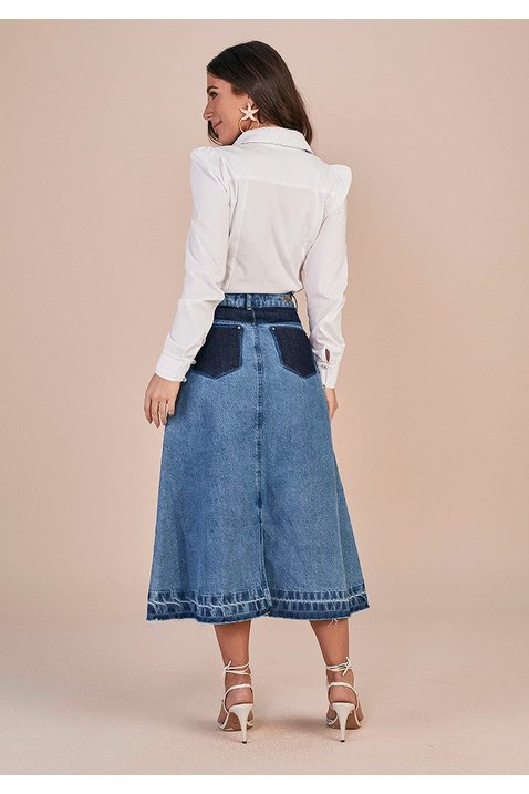 saia evase jeans recortes e barra desfeita titanium costas