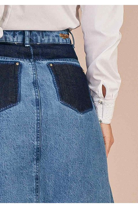 saia evase jeans recortes e barra desfeita titanium costas baixo detalhe