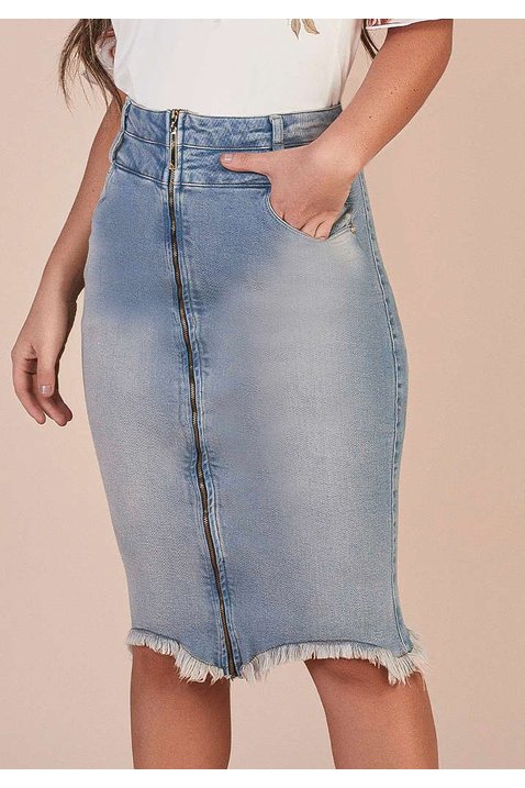 saia jeans barra assimetrica desfiada cos duplo titanium baixo