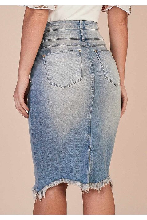 saia jeans barra assimetrica desfiada cos duplo titanium costas baixo
