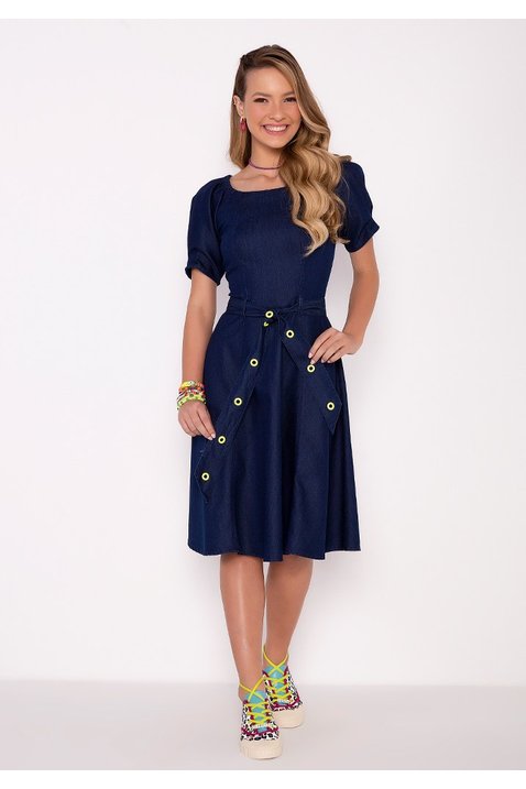 vestido jeans escuro gode com faixa de amarracao imperio z