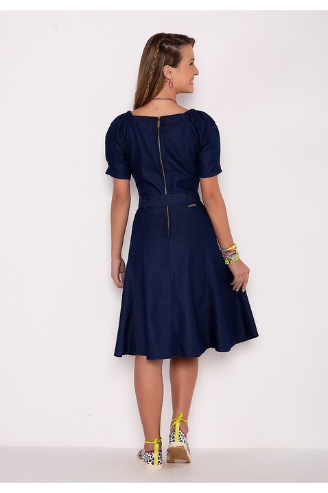 vestido jeans escuro gode com faixa de amarracao imperio z costas