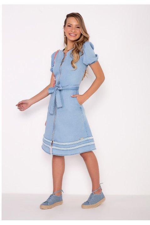 vestido jeans ziper frontal inteirico e faixa imperio z