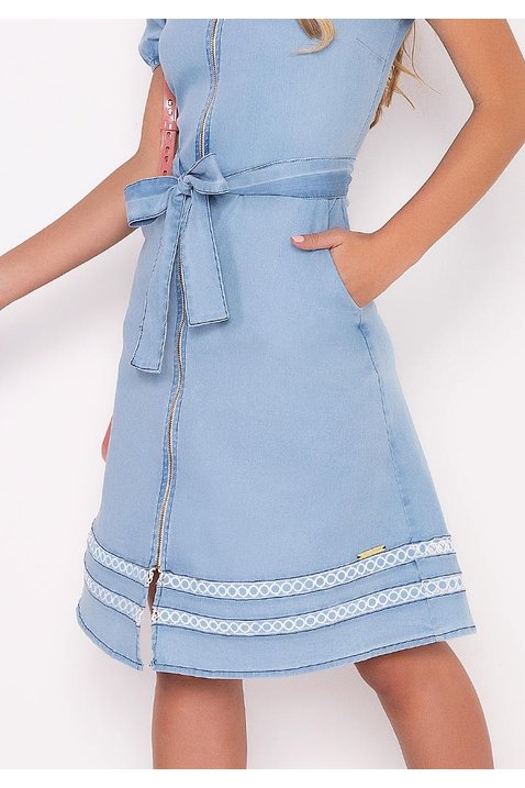 vestido jeans ziper frontal inteirico e faixa imperio z baixo