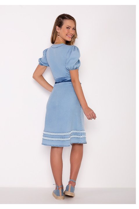 vestido jeans ziper frontal inteirico e faixa imperio z costas