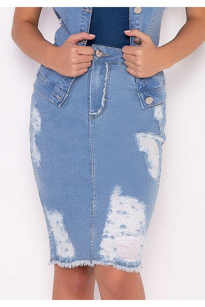 saia jeans com puidos fusionados e barra desfiada imperio z baixo