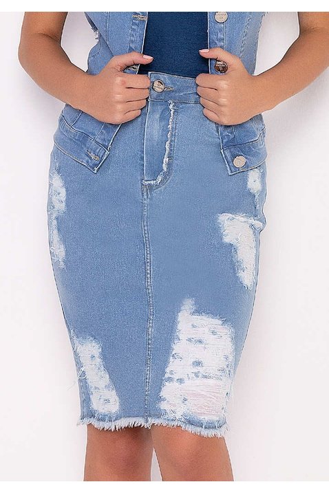 saia jeans com puidos fusionados e barra desfiada imperio z baixo