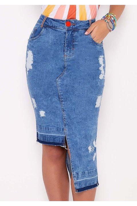 saia jeans barra assimetrica desfeita e desfiada imperio z baixo
