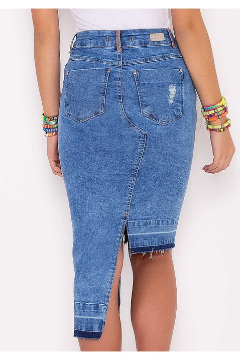saia jeans barra assimetrica desfeita e desfiada imperio z costas baixo