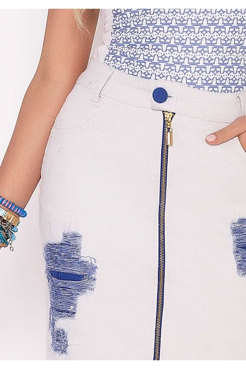saia jeans puidos fusionados e ziper frontal imperio z baixo detalhe