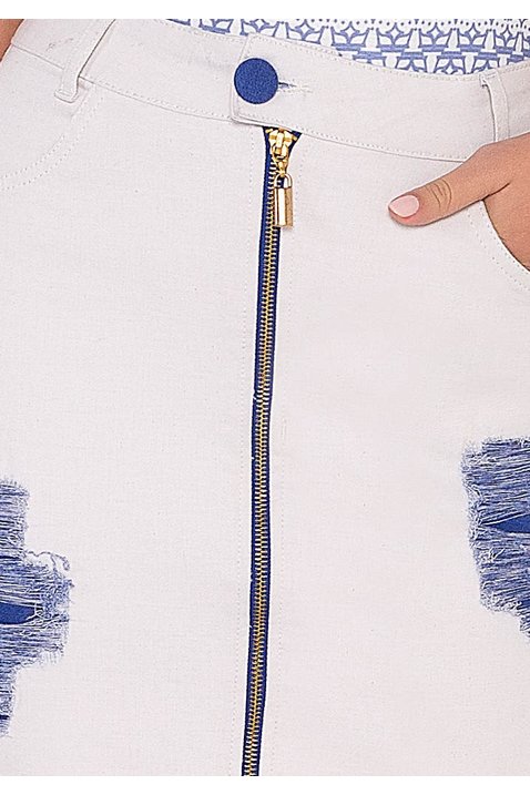 saia jeans puidos fusionados e ziper frontal imperio z baixo detalhe zoom