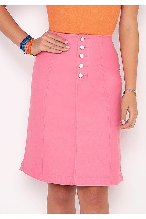 saia evase jeans rosa botoes encapados imperio z baixo
