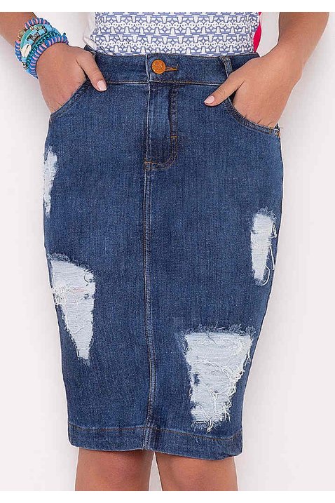 saia jeans com puidos e ralados imperio z baixo