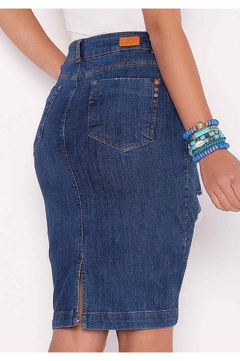 saia jeans com puidos e ralados imperio z costas baixo