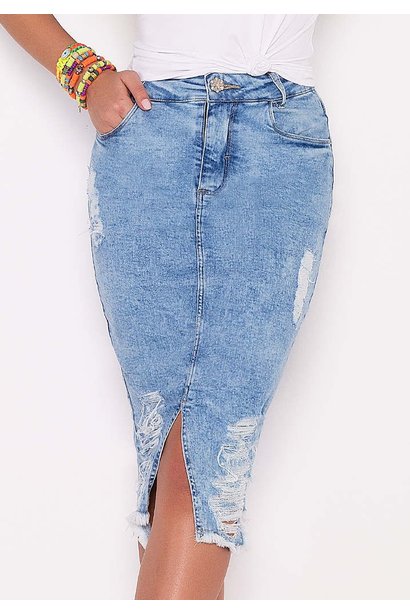 saia jeans fenda frontal barra desfiada imperio z baixo