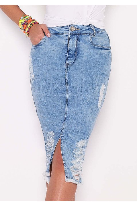 saia jeans fenda frontal barra desfiada imperio z baixo