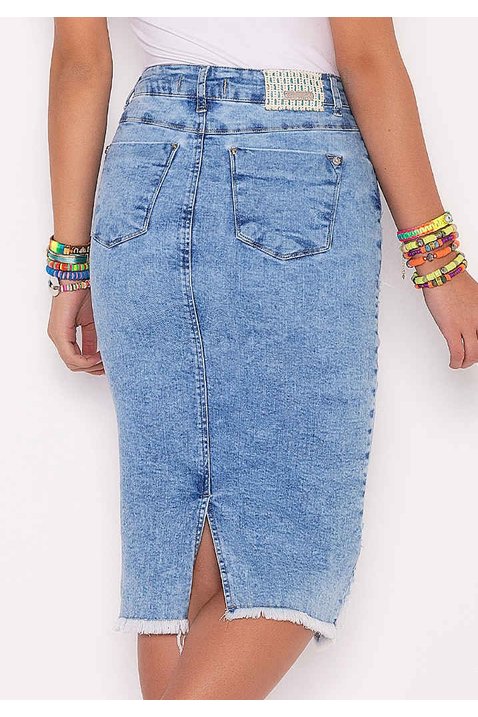 saia jeans fenda frontal barra desfiada imperio z costas baixo