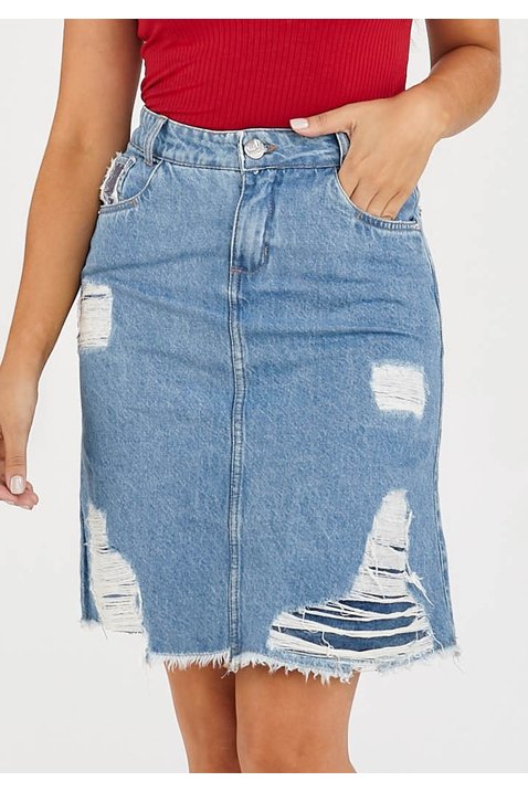saia jeans sustentavel evase destroyed barra desfiada imperio z