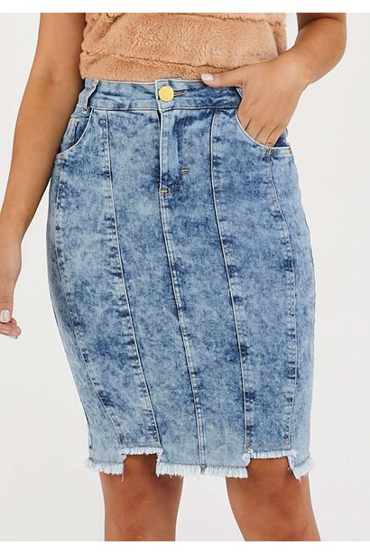 saia jeans barra assimetrica desfiada imperio z baixo