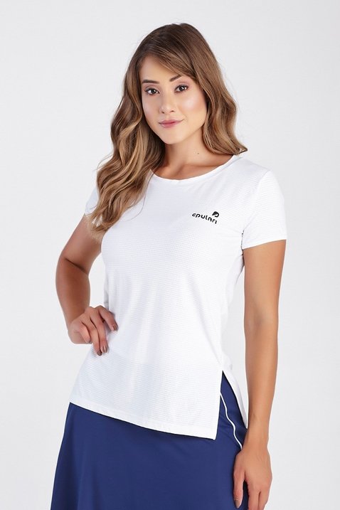 t shirt branca fitness abertura lateral uv50 epulari frente