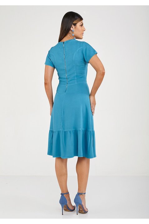 vestido evase azul com laco imperio jeans costas