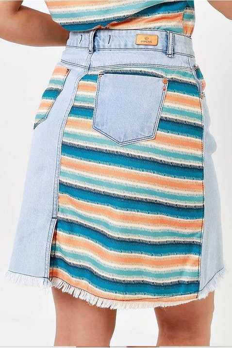 saia jeans evase barra desfeita detalhe listrado imperio jeans costas frontal detalhe zoom ok