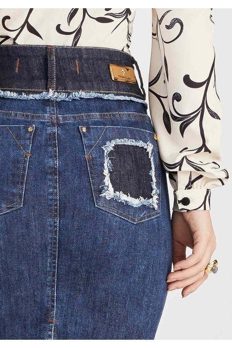 saia jeans com puidos e fusionados titanium jeans costas baixo detalhe