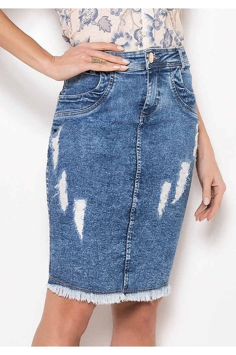 saia jeans sustentavel barra desfiada laura rosa baixo