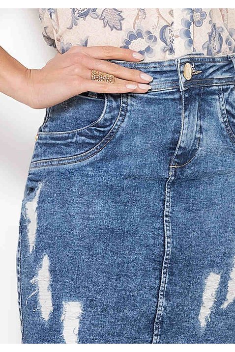 saia jeans sustentavel barra desfiada laura rosa baixo detalhe