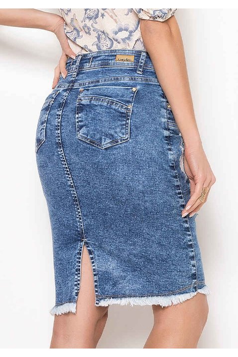 saia jeans sustentavel barra desfiada laura rosa costas baixo