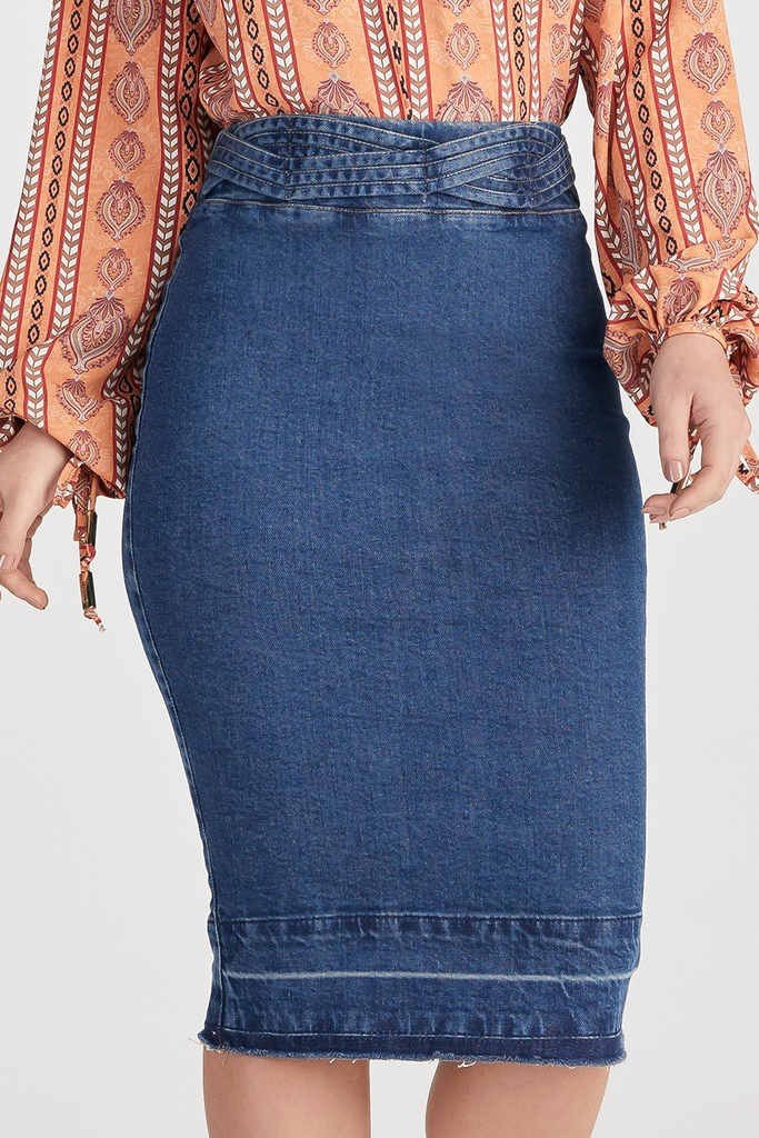 Saia jeans lapis midi shops