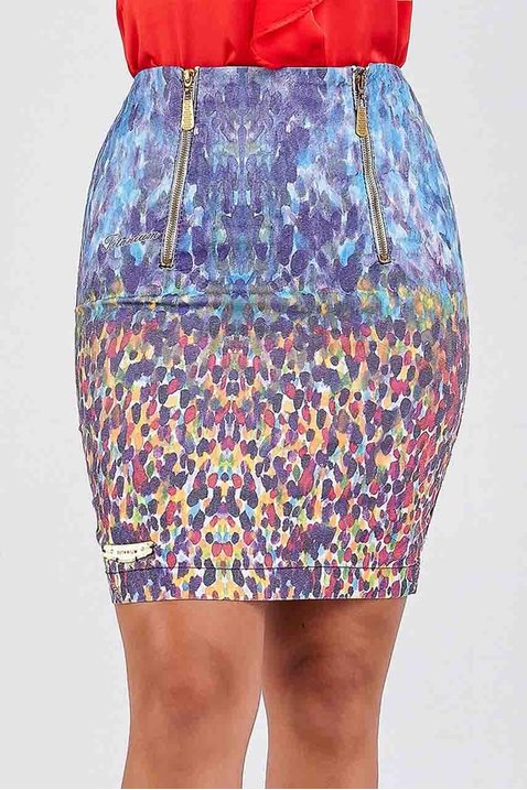saia sarja reta estampada ziper frontal tintanium jeans frente