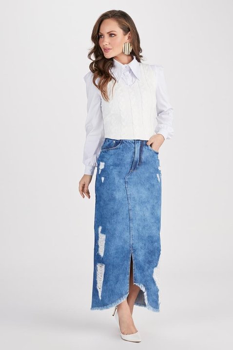Saia Max Midi Jeans Com Destroyed Titanium Jeans