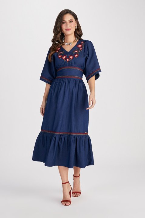 Vestido Jeans Com Barrado Bordado Vestido Midi Jeans Com Bordado