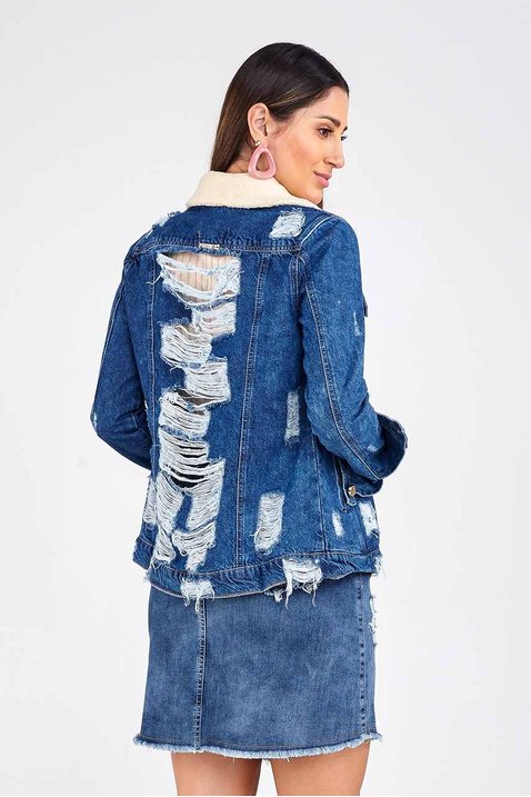 saia jeans evase recorte assimetrico com desfiados imperio z costas inteira