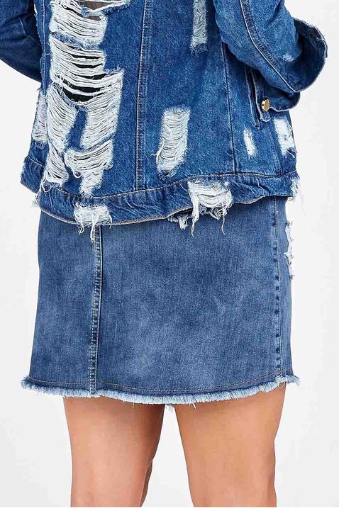 saia jeans evase recorte assimetrico com desfiados imperio z costas