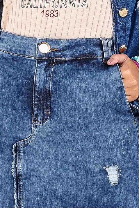 saia jeans evase recorte assimetrico com desfiados imperio z frente detalhe