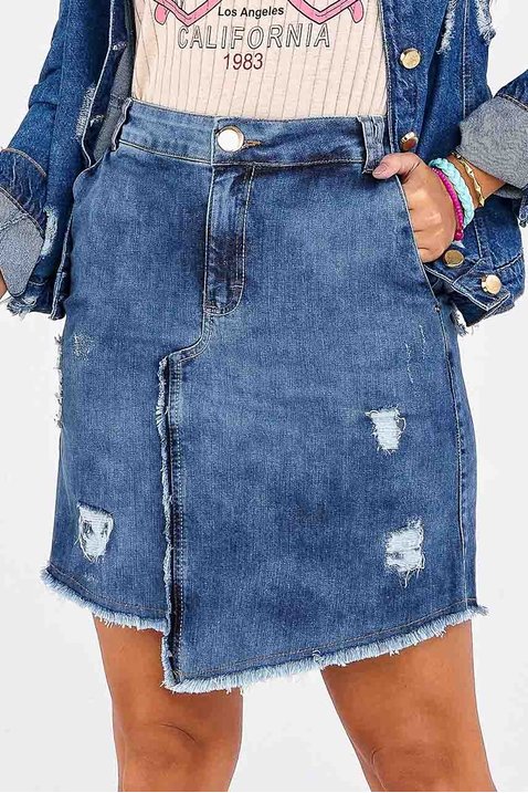 saia jeans evase recorte assimetrico com desfiados imperio z frente