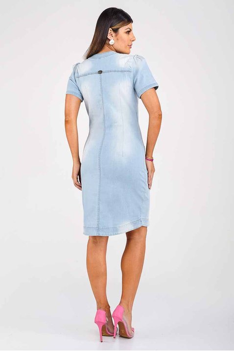 vestido jeans claro abotoamento frontal imperio z costas corpo