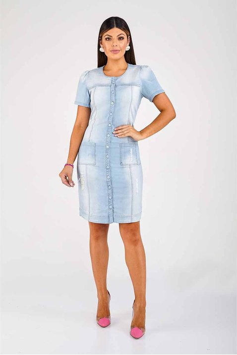 vestido jeans claro abotoamento frontal imperio z frente corpo