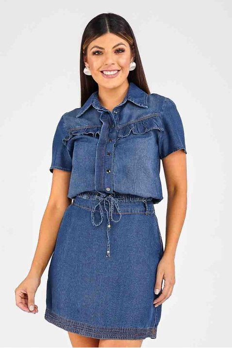 blusa jeans gola polo com babados imperio z frente inteira