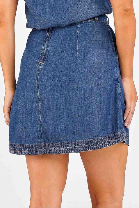 saia evase jeans com bolsos imperio z costas