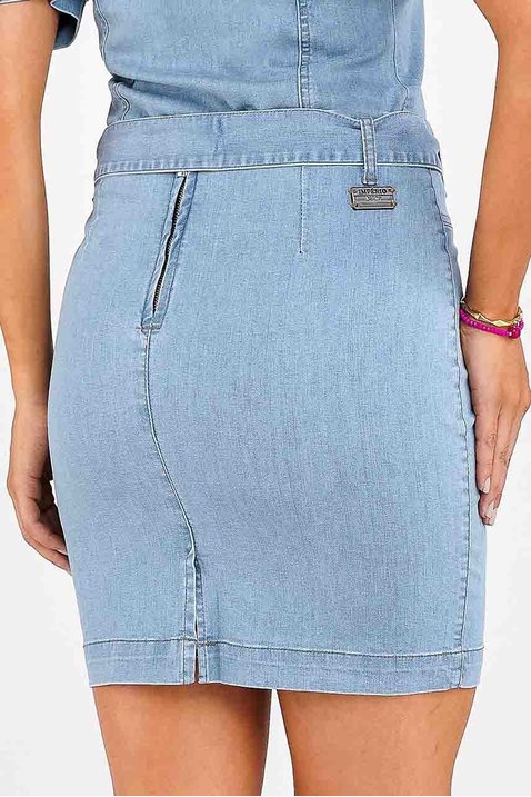 saia lapis jeans azul claro com amarracao imperio z costas inteira