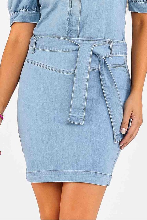 saia lapis jeans azul claro com amarracao imperio z frente inteira
