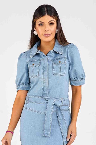 jaqueta feminina jeans mangas bufantes imperio z frente