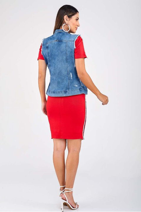 colete feminino jeans detalhes desfiados imperio z costas corpo