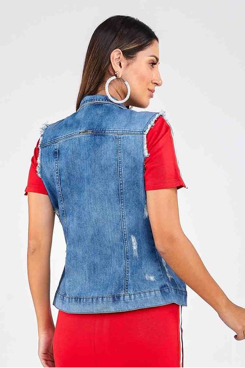 colete feminino jeans detalhes desfiados imperio z costas inteira