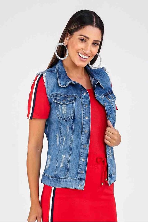 colete feminino jeans detalhes desfiados imperio z frente inteira